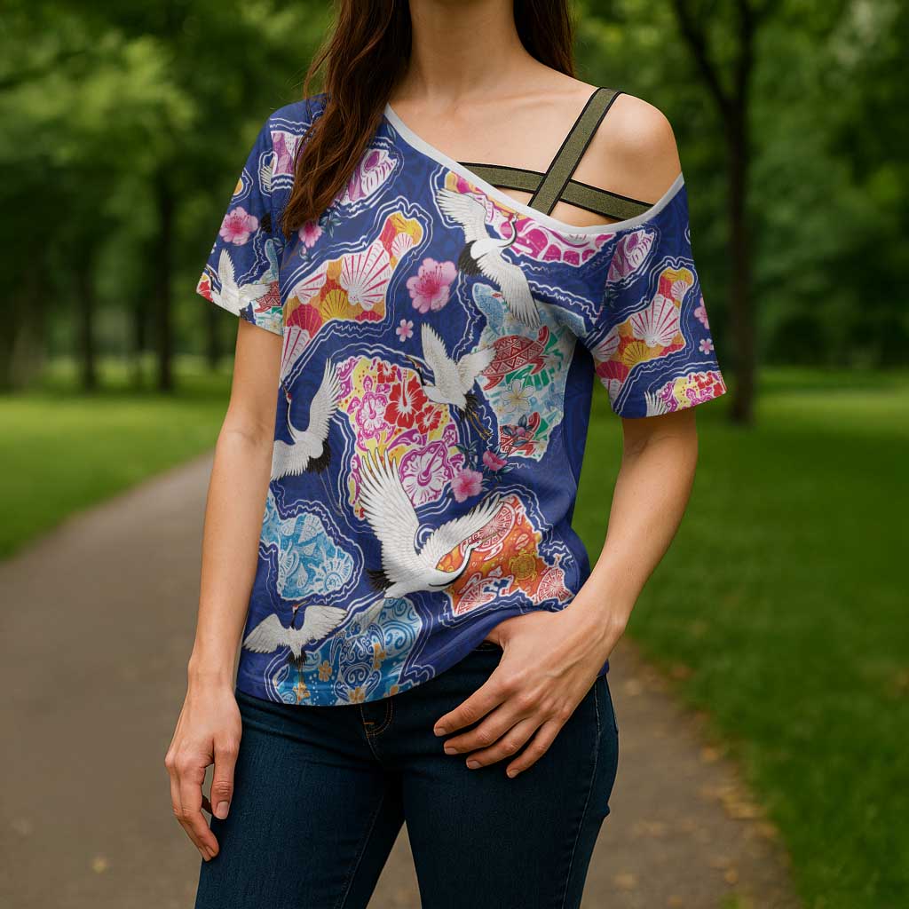 Hawaiian and Japanese Culture Together Cross Shoulder Shirt Hawaiian Archipelago Shape Sea Animals