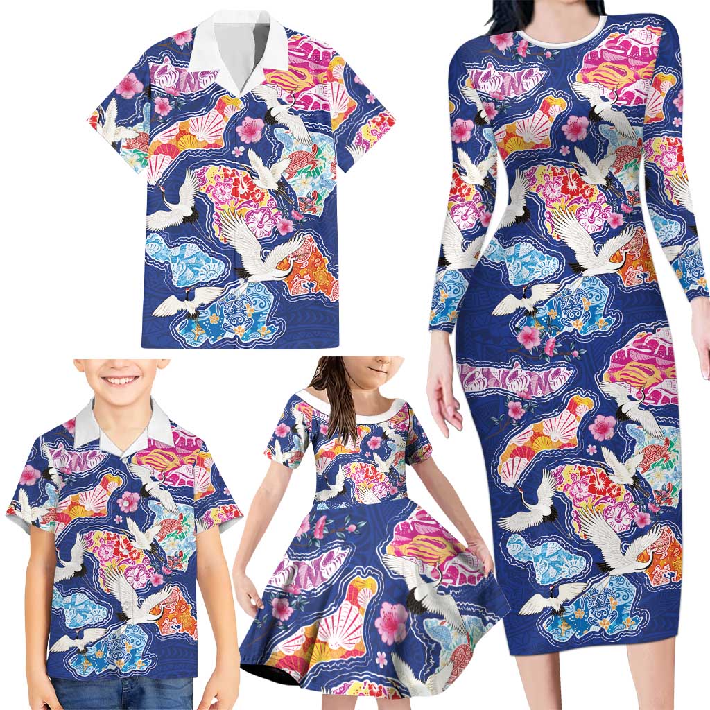 Hawaiian and Japanese Culture Together Family Matching Long Sleeve Bodycon Dress and Hawaiian Shirt Hawaiian Archipelago Shape Sea Animals