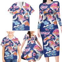 Hawaiian and Japanese Culture Together Family Matching Long Sleeve Bodycon Dress and Hawaiian Shirt Hawaiian Archipelago Shape Sea Animals