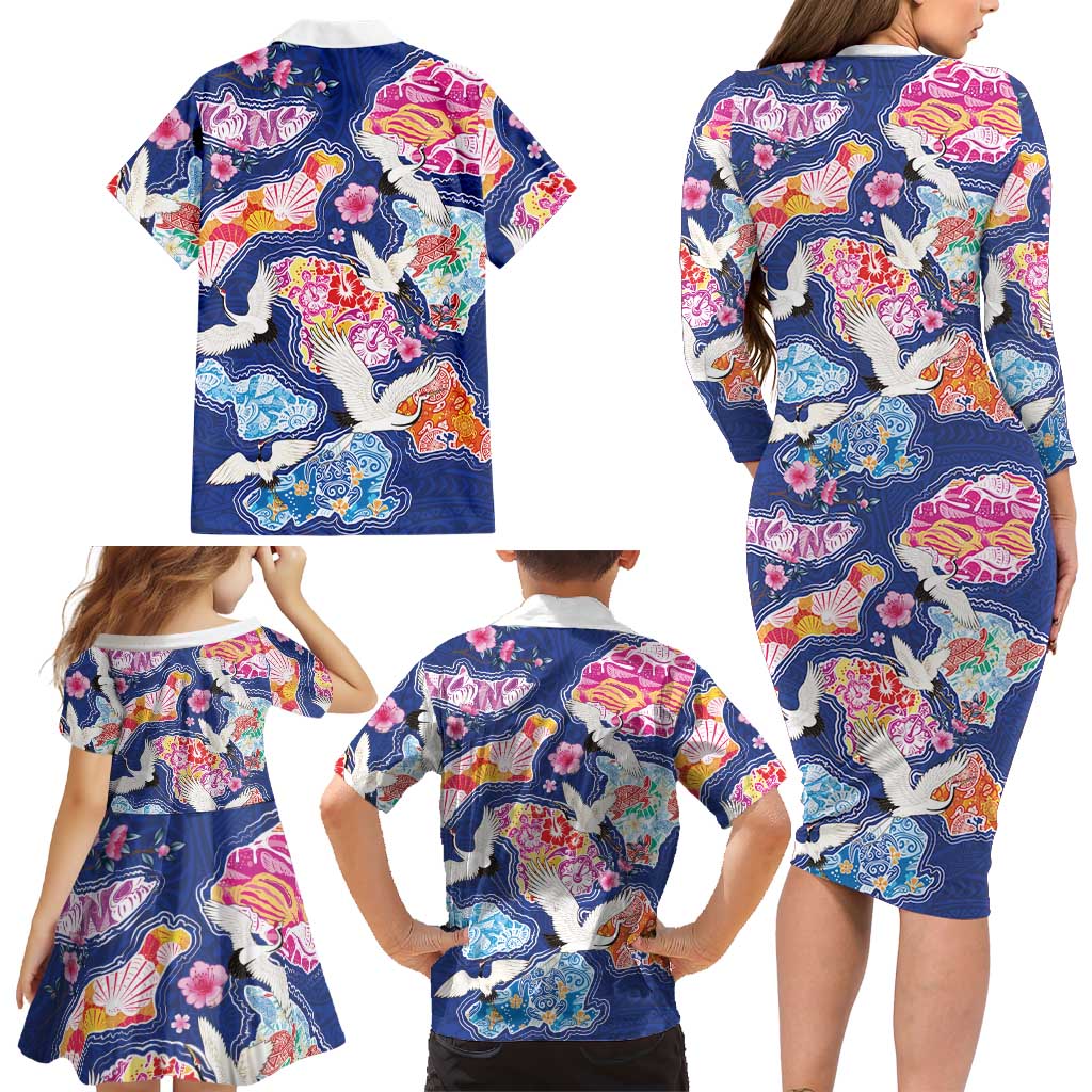 Hawaiian and Japanese Culture Together Family Matching Long Sleeve Bodycon Dress and Hawaiian Shirt Hawaiian Archipelago Shape Sea Animals