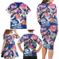 Hawaiian and Japanese Culture Together Family Matching Long Sleeve Bodycon Dress and Hawaiian Shirt Hawaiian Archipelago Shape Sea Animals
