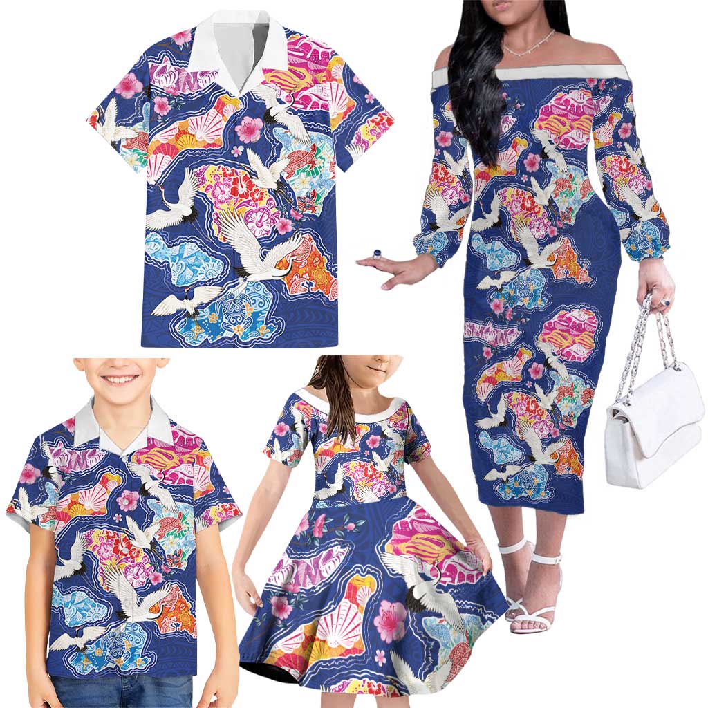 Hawaiian and Japanese Culture Together Family Matching Off The Shoulder Long Sleeve Dress and Hawaiian Shirt Hawaiian Archipelago Shape Sea Animals LT03 - Polynesian Pride