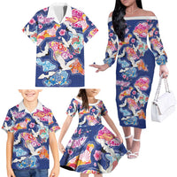 Hawaiian and Japanese Culture Together Family Matching Off The Shoulder Long Sleeve Dress and Hawaiian Shirt Hawaiian Archipelago Shape Sea Animals LT03 - Polynesian Pride