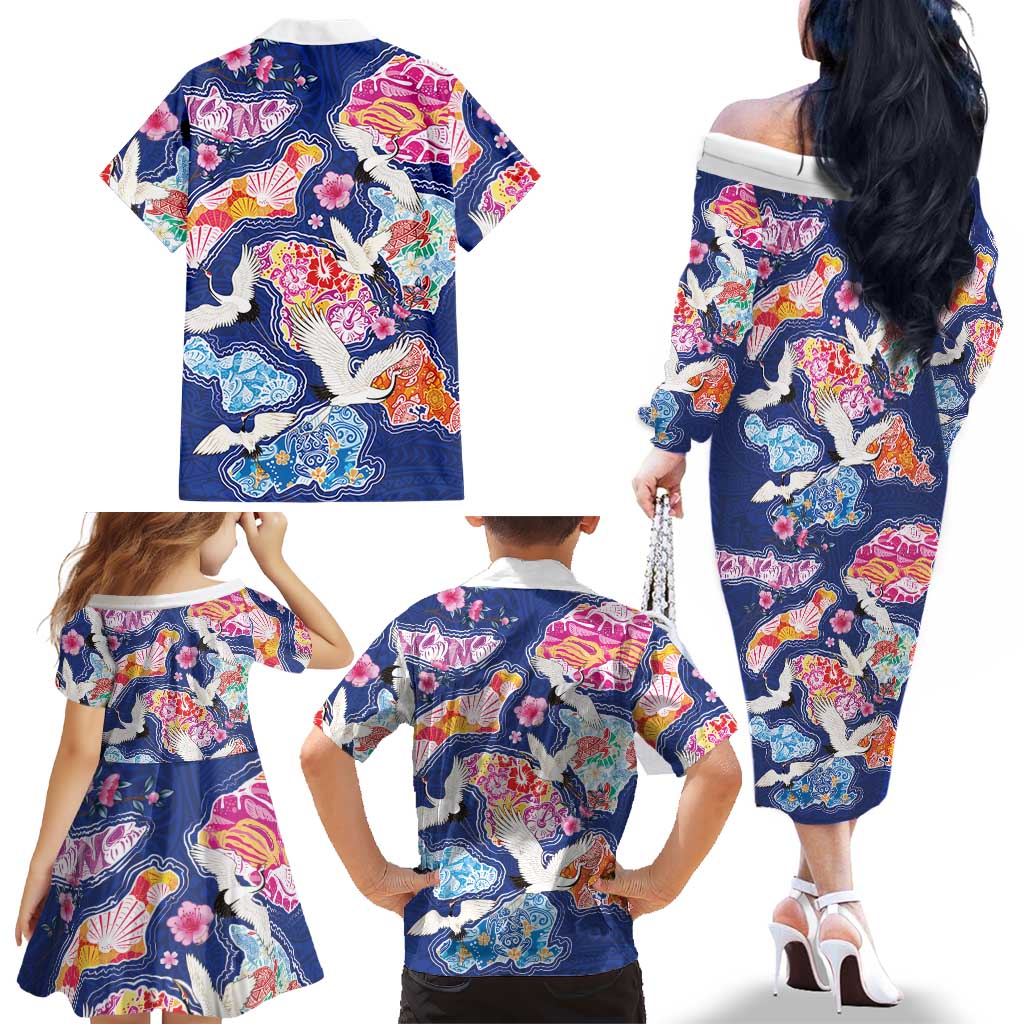 Hawaiian and Japanese Culture Together Family Matching Off The Shoulder Long Sleeve Dress and Hawaiian Shirt Hawaiian Archipelago Shape Sea Animals LT03 - Polynesian Pride