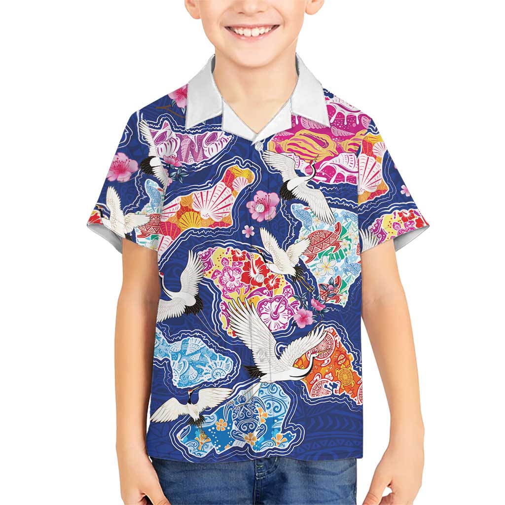 Hawaiian and Japanese Culture Together Family Matching Off The Shoulder Long Sleeve Dress and Hawaiian Shirt Hawaiian Archipelago Shape Sea Animals LT03 Son's Shirt Multicolor - Polynesian Pride