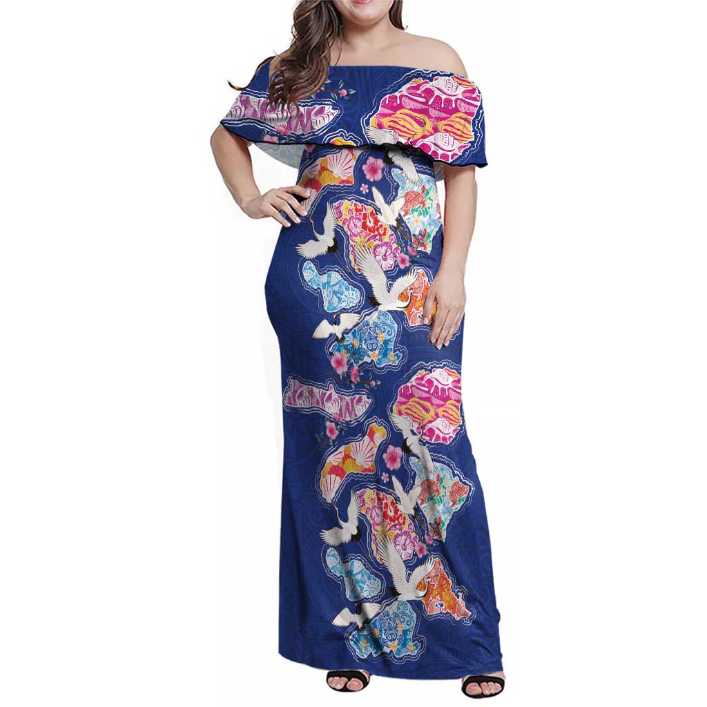 Hawaiian and Japanese Culture Together Family Matching Off Shoulder Maxi Dress and Hawaiian Shirt Hawaiian Archipelago Shape Sea Animals