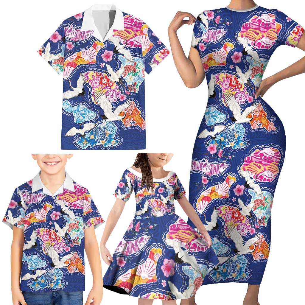 Hawaiian and Japanese Culture Together Family Matching Short Sleeve Bodycon Dress and Hawaiian Shirt Hawaiian Archipelago Shape Sea Animals