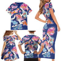 Hawaiian and Japanese Culture Together Family Matching Short Sleeve Bodycon Dress and Hawaiian Shirt Hawaiian Archipelago Shape Sea Animals