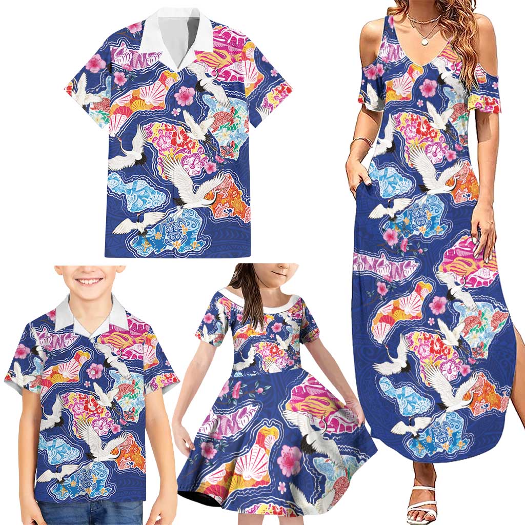 Hawaiian and Japanese Culture Together Family Matching Summer Maxi Dress and Hawaiian Shirt Hawaiian Archipelago Shape Sea Animals