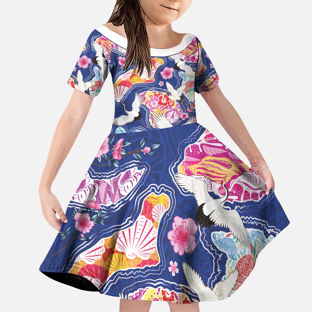 Hawaiian and Japanese Culture Together Family Matching Tank Maxi Dress and Hawaiian Shirt Hawaiian Archipelago Shape Sea Animals LT03 Daughter's Dress Multicolor - Polynesian Pride