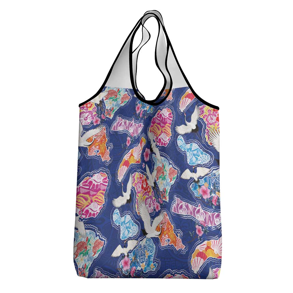 Hawaiian and Japanese Culture Together Grocery Bag Hawaiian Archipelago Shape Sea Animals