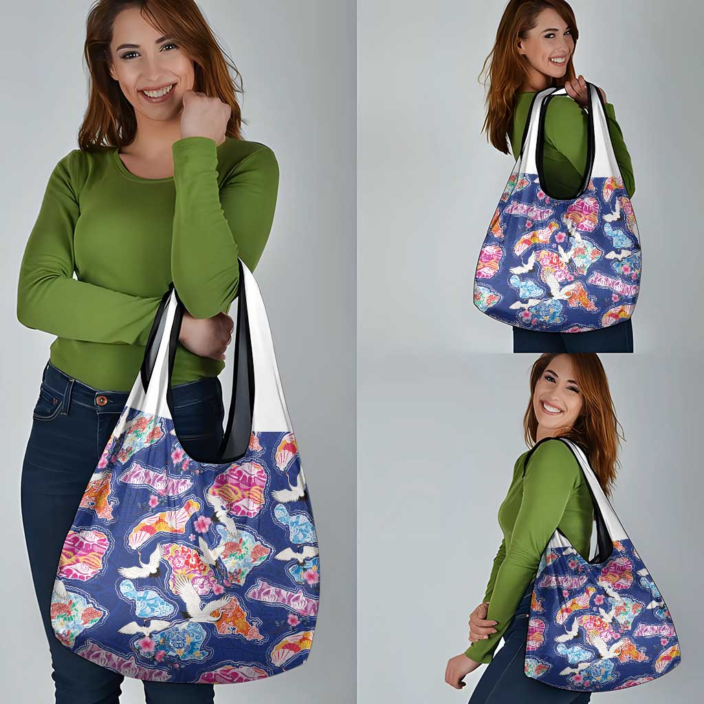 Hawaiian and Japanese Culture Together Grocery Bag Hawaiian Archipelago Shape Sea Animals