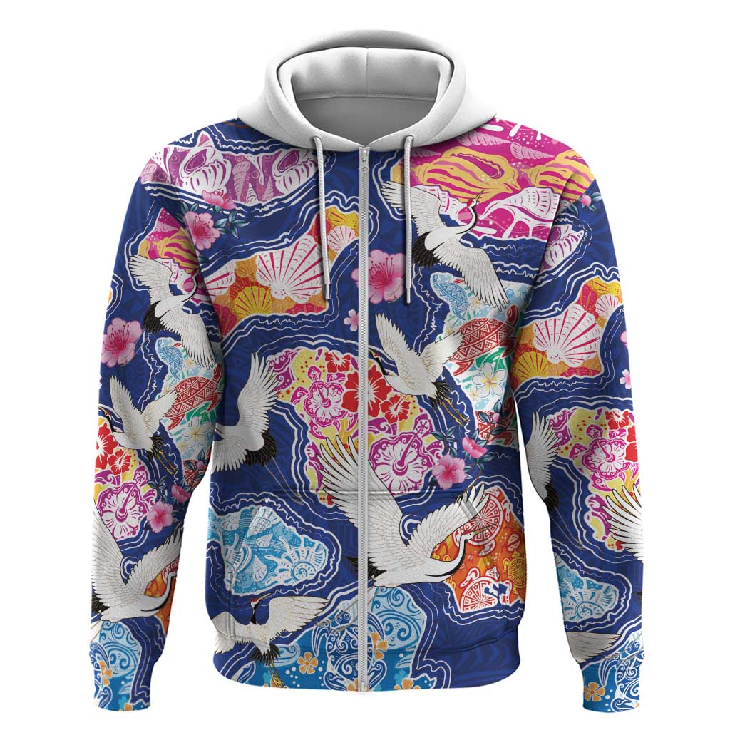 Hawaiian and Japanese Culture Together Hoodie Hawaiian Archipelago Shape Sea Animals