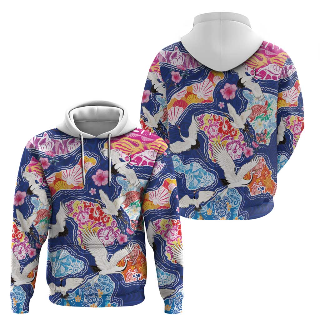 Hawaiian and Japanese Culture Together Hoodie Hawaiian Archipelago Shape Sea Animals