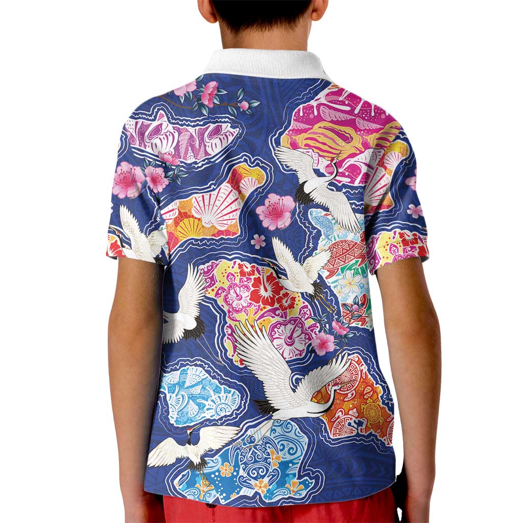 Hawaiian and Japanese Culture Together Kid Polo Shirt Hawaiian Archipelago Shape Sea Animals