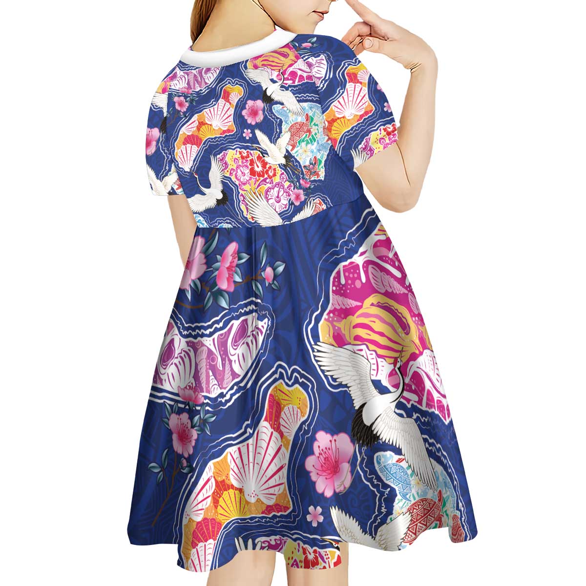 Hawaiian and Japanese Culture Together Kid Short Sleeve Dress Hawaiian Archipelago Shape Sea Animals