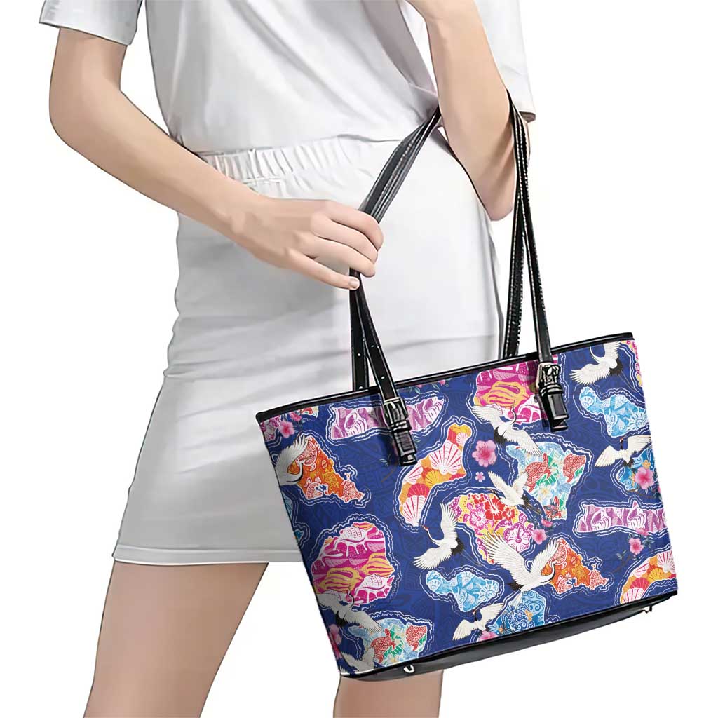 Hawaiian and Japanese Culture Together Leather Tote Bag Hawaiian Archipelago Shape Sea Animals