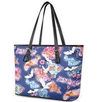 Hawaiian and Japanese Culture Together Leather Tote Bag Hawaiian Archipelago Shape Sea Animals