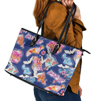 Hawaiian and Japanese Culture Together Leather Tote Bag Hawaiian Archipelago Shape Sea Animals