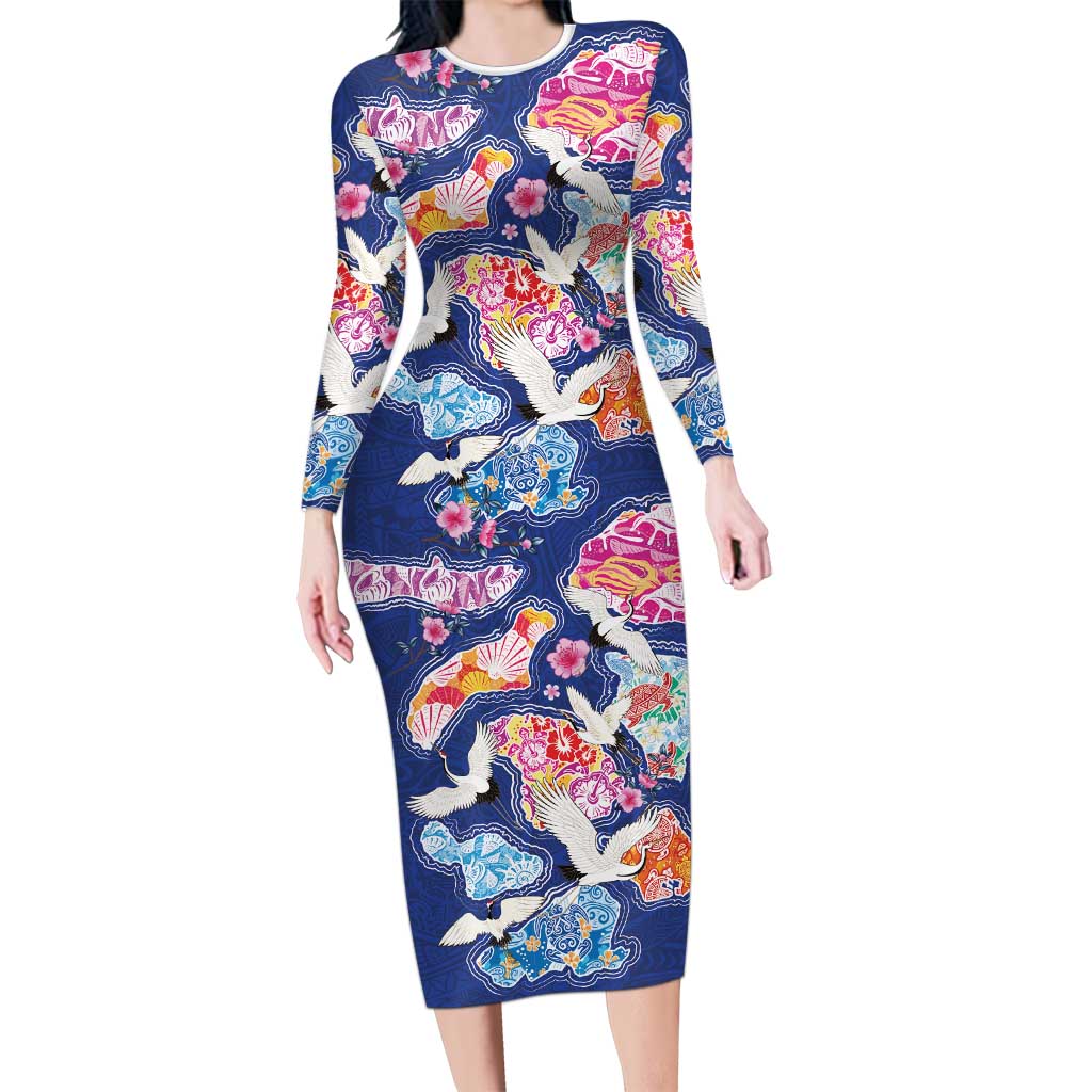 Hawaiian and Japanese Culture Together Long Sleeve Bodycon Dress Hawaiian Archipelago Shape Sea Animals