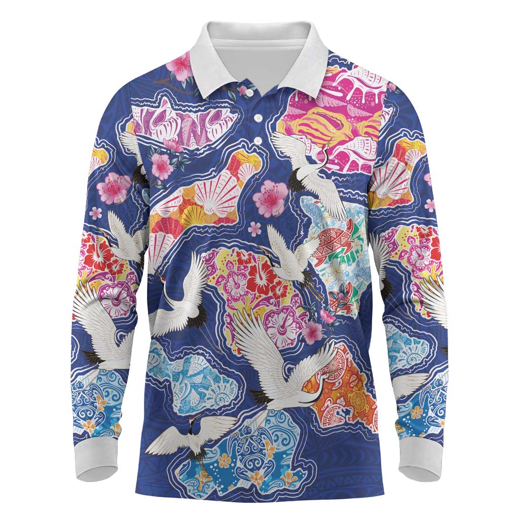 Hawaiian and Japanese Culture Together Long Sleeve Polo Shirt Hawaiian Archipelago Shape Sea Animals