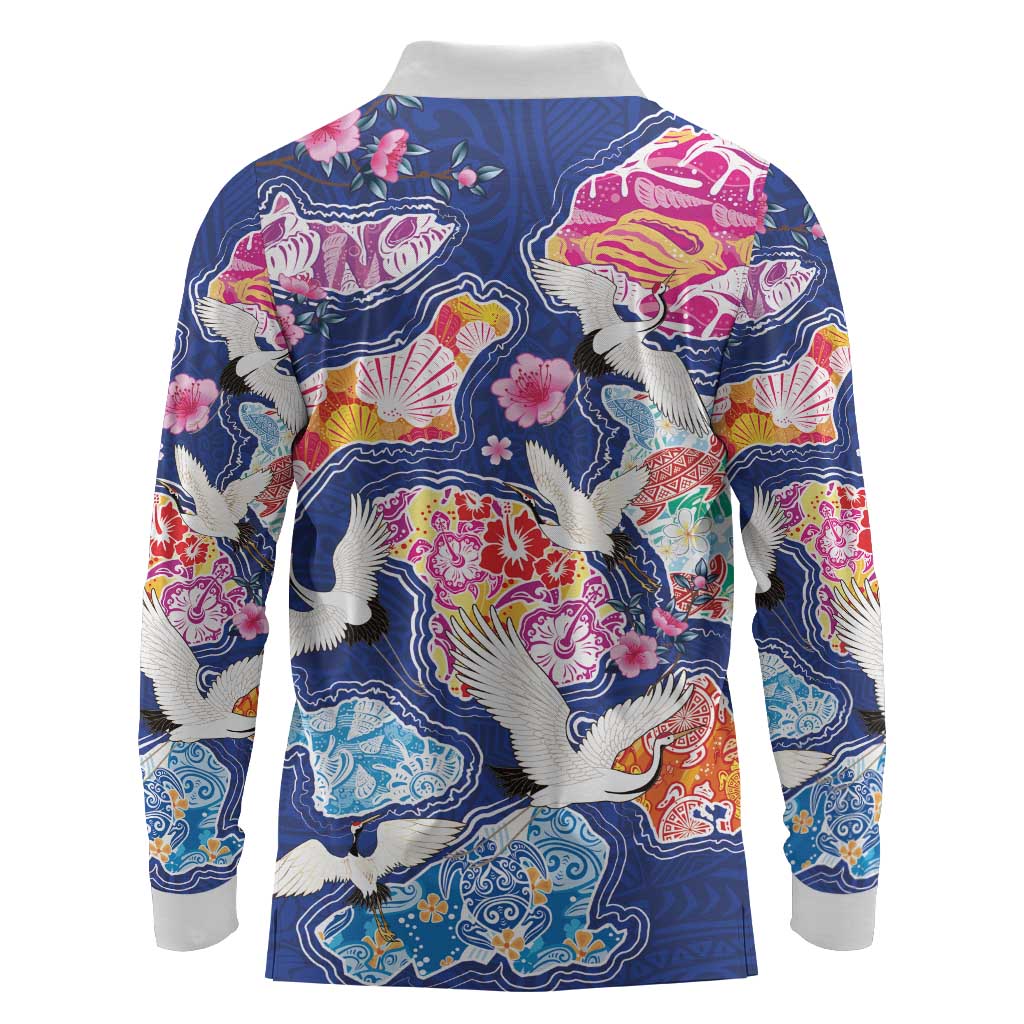 Hawaiian and Japanese Culture Together Long Sleeve Polo Shirt Hawaiian Archipelago Shape Sea Animals