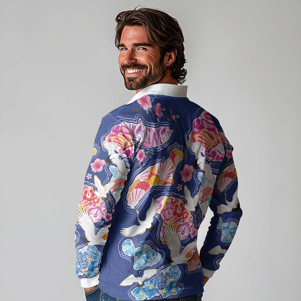 Hawaiian and Japanese Culture Together Long Sleeve Polo Shirt Hawaiian Archipelago Shape Sea Animals