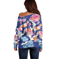 Hawaiian and Japanese Culture Together Off Shoulder Sweater Hawaiian Archipelago Shape Sea Animals