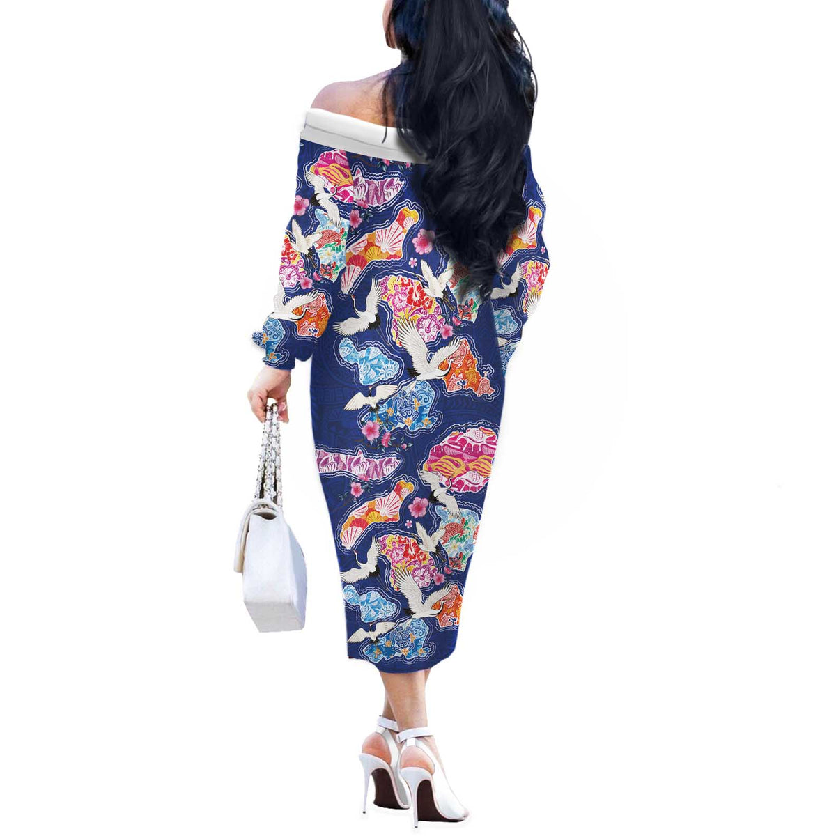Hawaiian and Japanese Culture Together Off The Shoulder Long Sleeve Dress Hawaiian Archipelago Shape Sea Animals