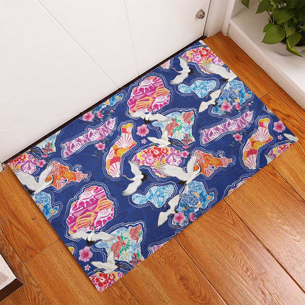 Hawaiian and Japanese Culture Together Rubber Doormat Hawaiian Archipelago Shape Sea Animals