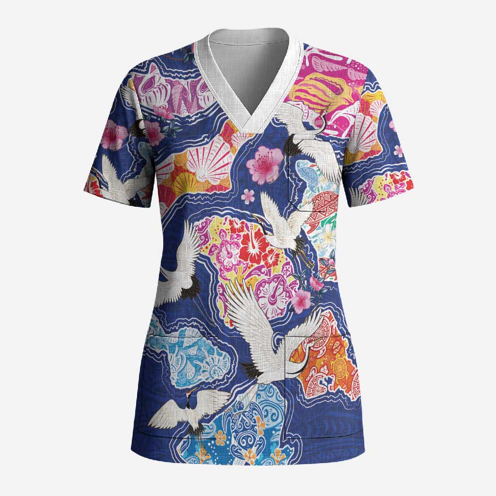 Hawaiian and Japanese Culture Together Scrub Top Hawaiian Archipelago Shape Sea Animals