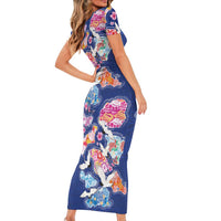 Hawaiian and Japanese Culture Together Short Sleeve Bodycon Dress Hawaiian Archipelago Shape Sea Animals