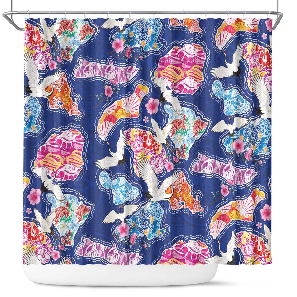 Hawaiian and Japanese Culture Together Shower Curtain Hawaiian Archipelago Shape Sea Animals