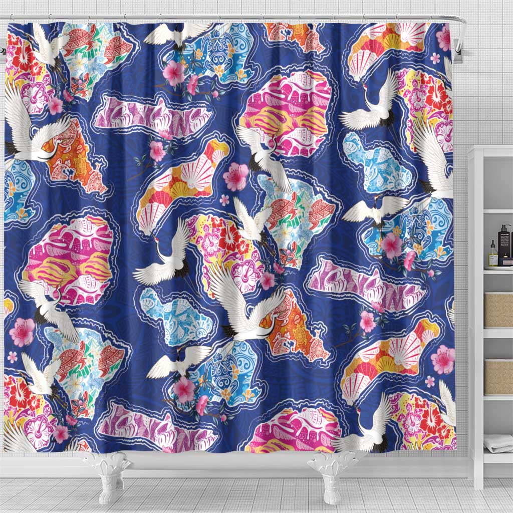 Hawaiian and Japanese Culture Together Shower Curtain Hawaiian Archipelago Shape Sea Animals