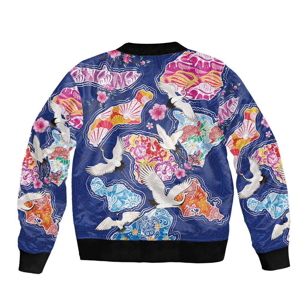 Hawaiian and Japanese Culture Together Sleeve Zip Bomber Jacket Hawaiian Archipelago Shape Sea Animals
