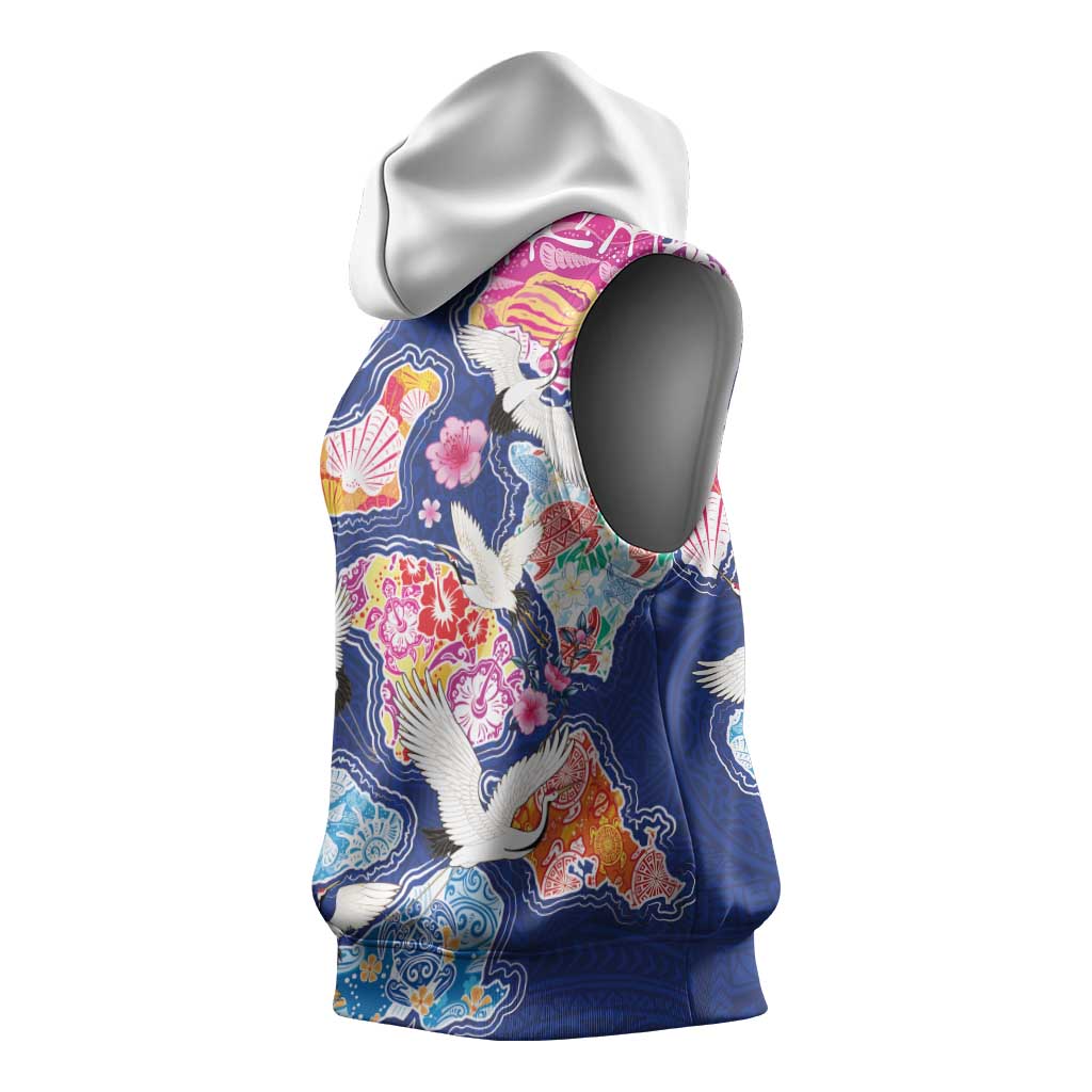 Hawaiian and Japanese Culture Together Sleeveless Hoodie Hawaiian Archipelago Shape Sea Animals