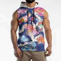 Hawaiian and Japanese Culture Together Sleeveless Hoodie Hawaiian Archipelago Shape Sea Animals