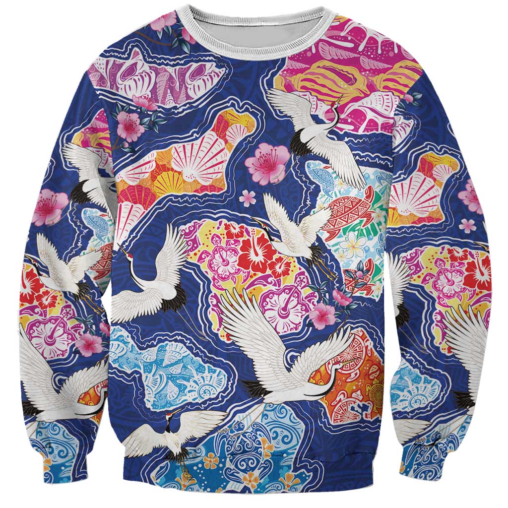 Hawaiian and Japanese Culture Together Sweatshirt Hawaiian Archipelago Shape Sea Animals