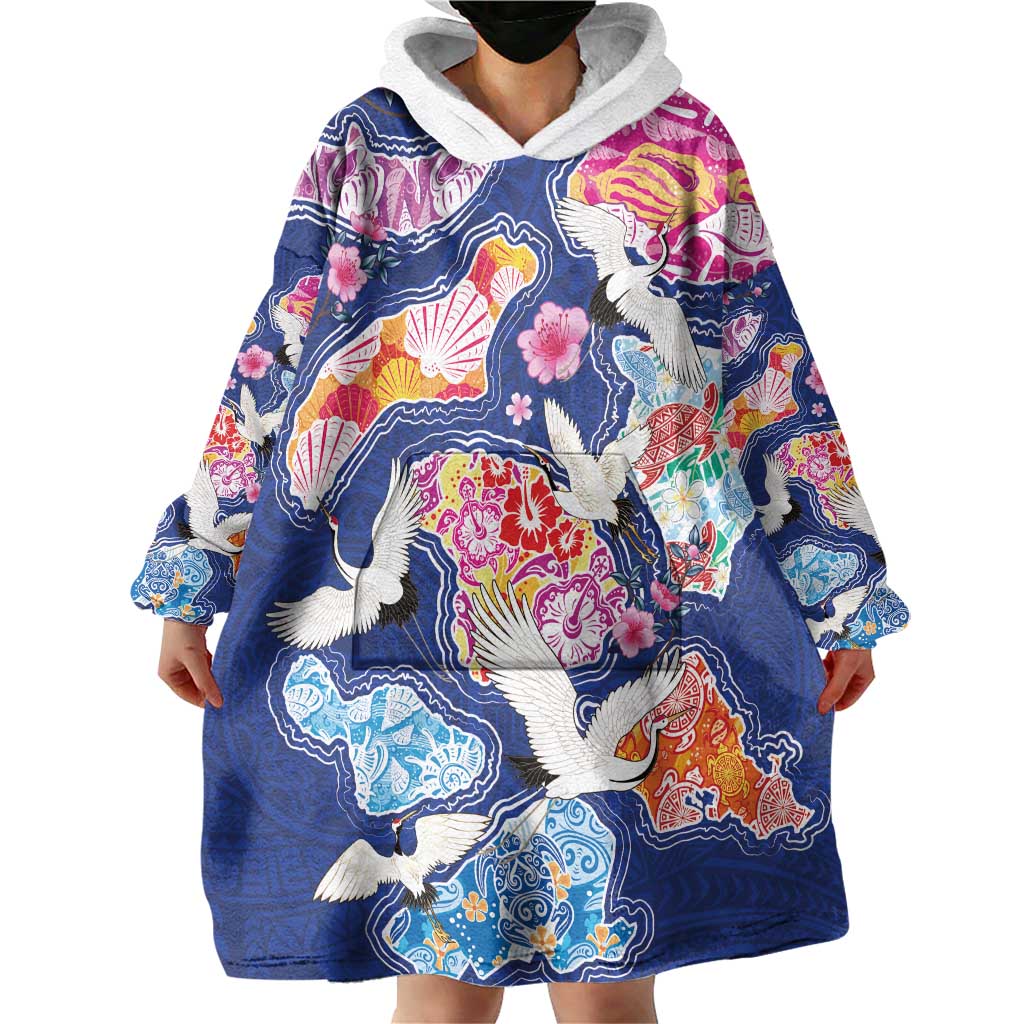 Hawaiian and Japanese Culture Together Wearable Blanket Hoodie Hawaiian Archipelago Shape Sea Animals