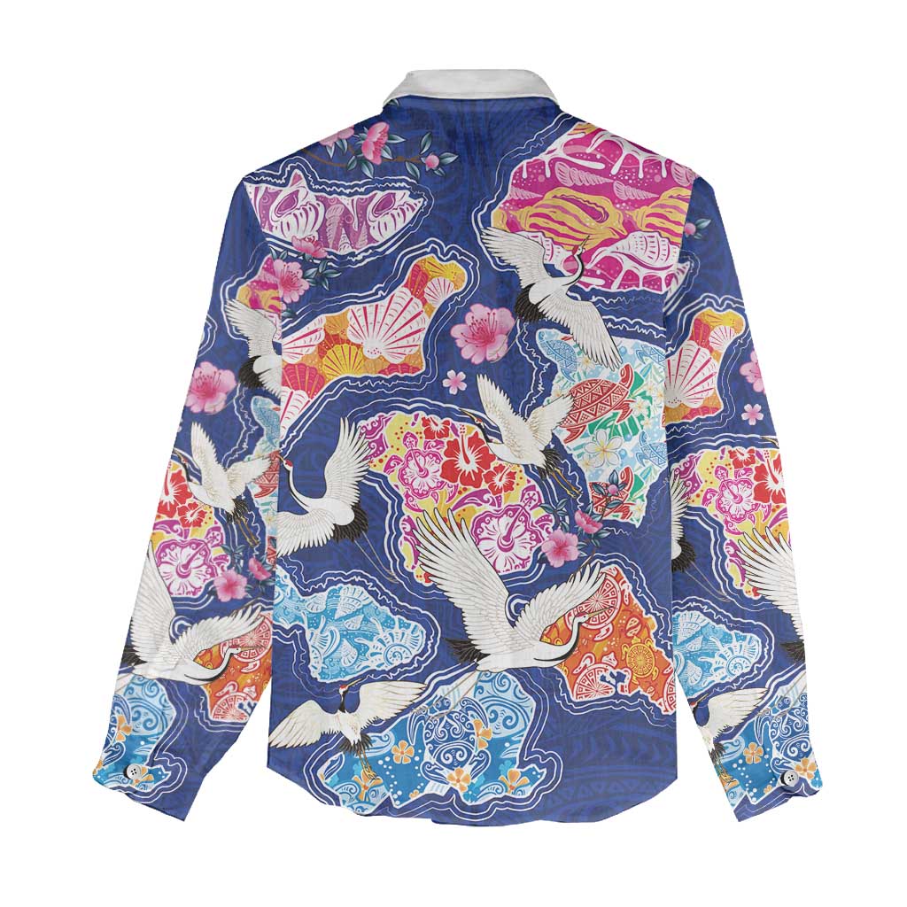 Hawaiian and Japanese Culture Together Women Casual Shirt Hawaiian Archipelago Shape Sea Animals