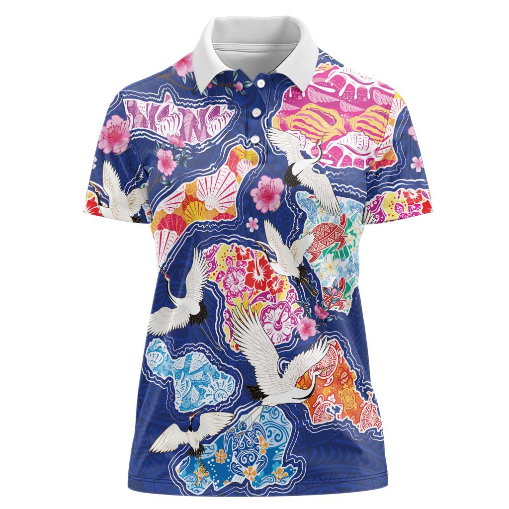 Hawaiian and Japanese Culture Together Women Polo Shirt Hawaiian Archipelago Shape Sea Animals