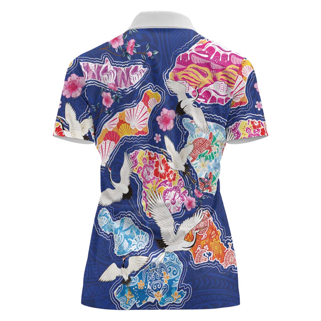 Hawaiian and Japanese Culture Together Women Polo Shirt Hawaiian Archipelago Shape Sea Animals