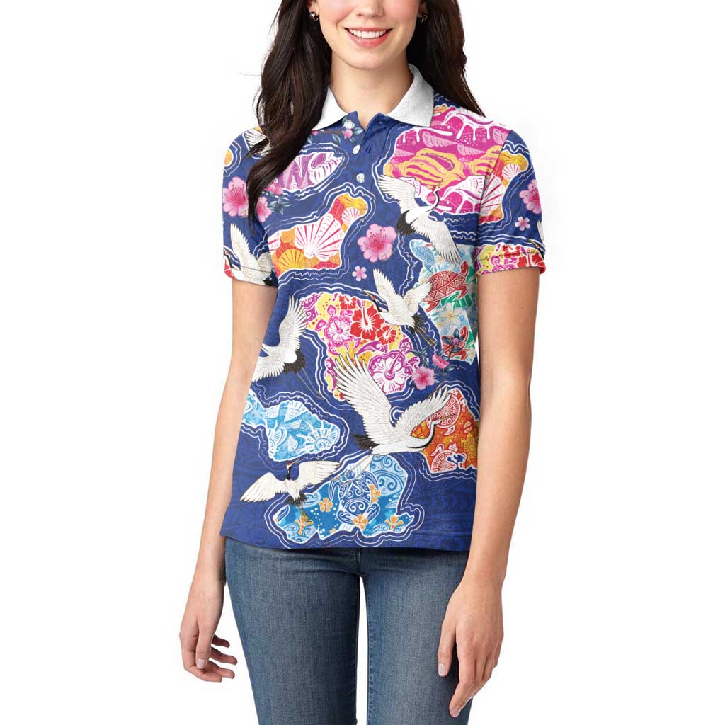 Hawaiian and Japanese Culture Together Women Polo Shirt Hawaiian Archipelago Shape Sea Animals