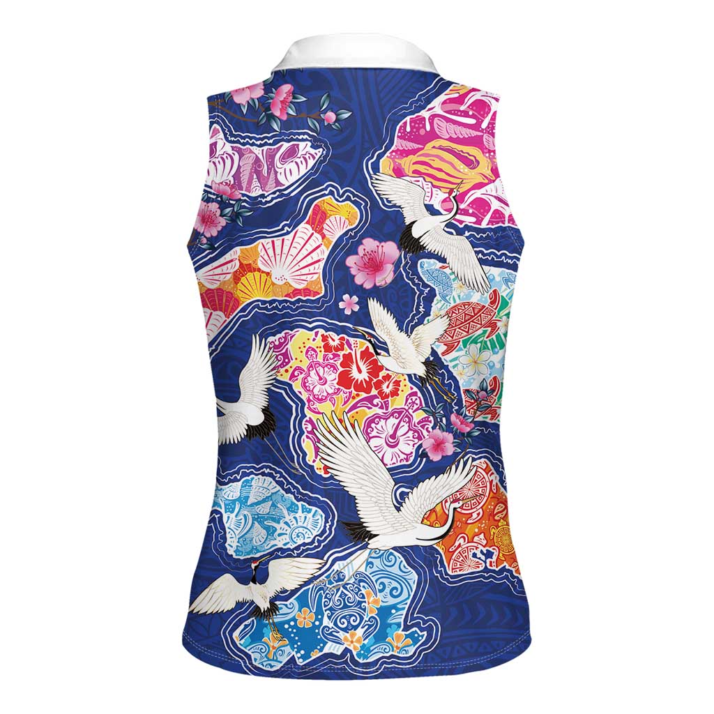 Hawaiian and Japanese Culture Together Women Sleeveless Polo Shirt Hawaiian Archipelago Shape Sea Animals