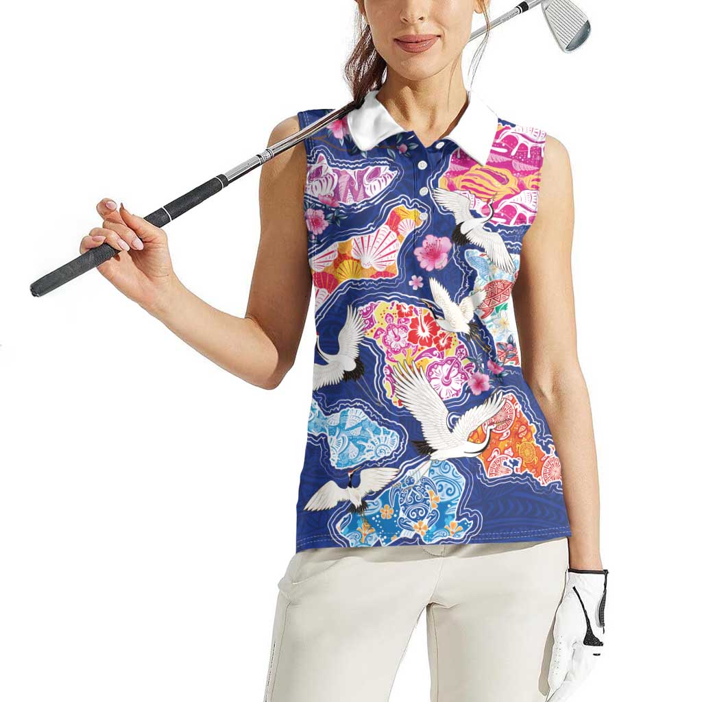 Hawaiian and Japanese Culture Together Women Sleeveless Polo Shirt Hawaiian Archipelago Shape Sea Animals