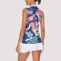 Hawaiian and Japanese Culture Together Women Sleeveless Polo Shirt Hawaiian Archipelago Shape Sea Animals