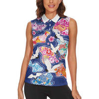 Hawaiian and Japanese Culture Together Women Sleeveless Polo Shirt Hawaiian Archipelago Shape Sea Animals