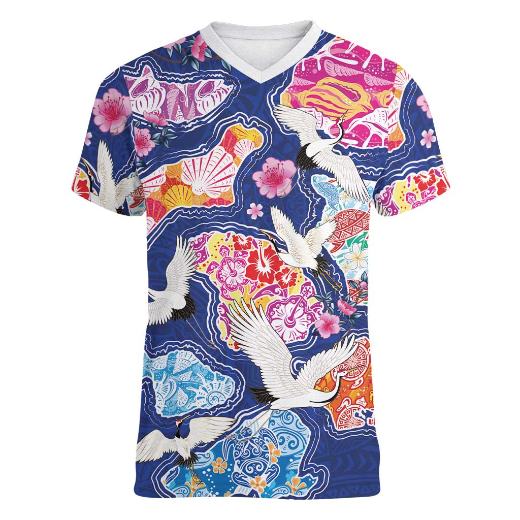 Hawaiian and Japanese Culture Together Women V-Neck T-Shirt Hawaiian Archipelago Shape Sea Animals