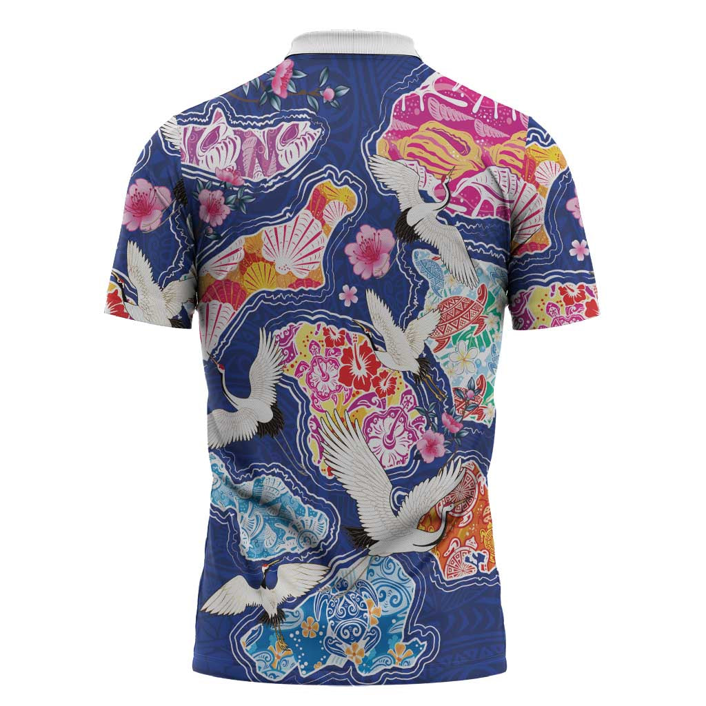 Hawaiian and Japanese Culture Together Zipper Polo Shirt Hawaiian Archipelago Shape Sea Animals