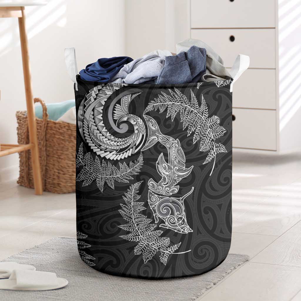 New Zealand Sea Animals with Maori Tribal Tattoo Laundry Basket Shark Manta Ray with Silver Fern Black